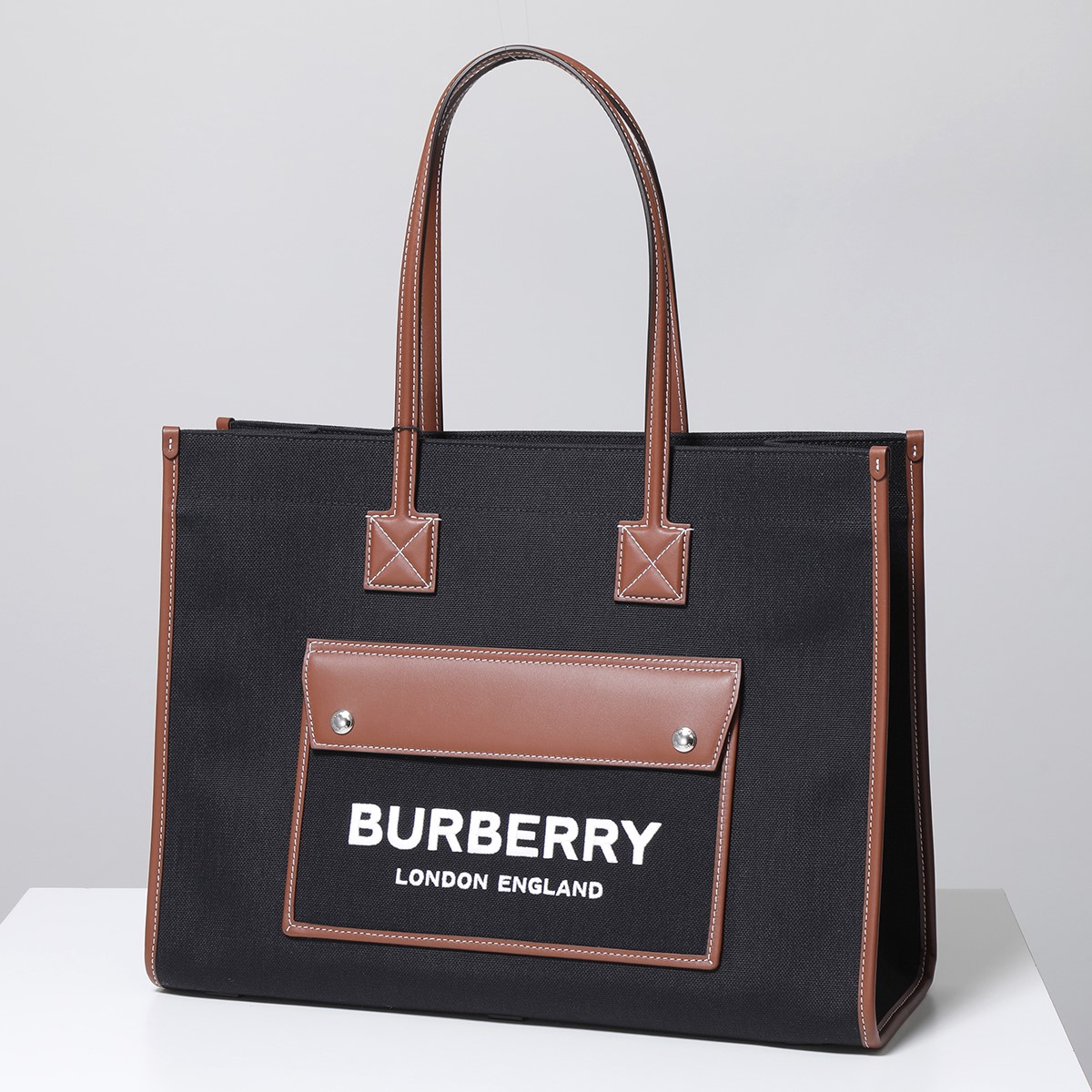 BURBERRY バーバリー トートバッグ FREYA TOTE 8044129 8055747 8044128 レディース LL MD POCKET  DTL ミディアム キャンバス×レザー ツートン 鞄