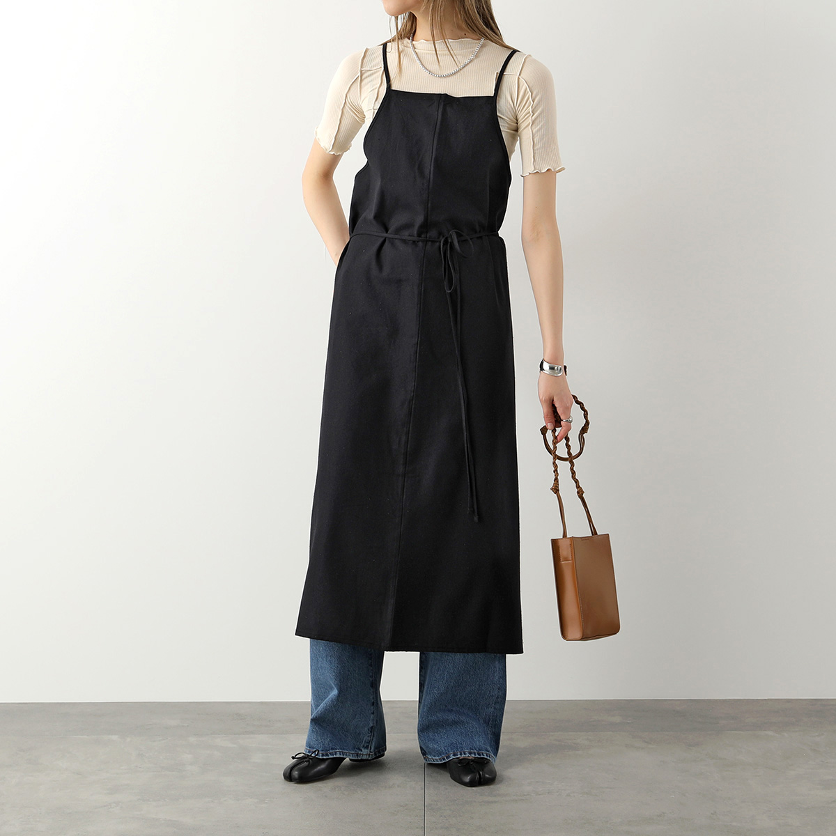 BASERANGE ベースレンジ ワンピース YUMI APRON DRESS DRYU WS 000 レディース シルク ストレートネック  ノースリーブ BLACK