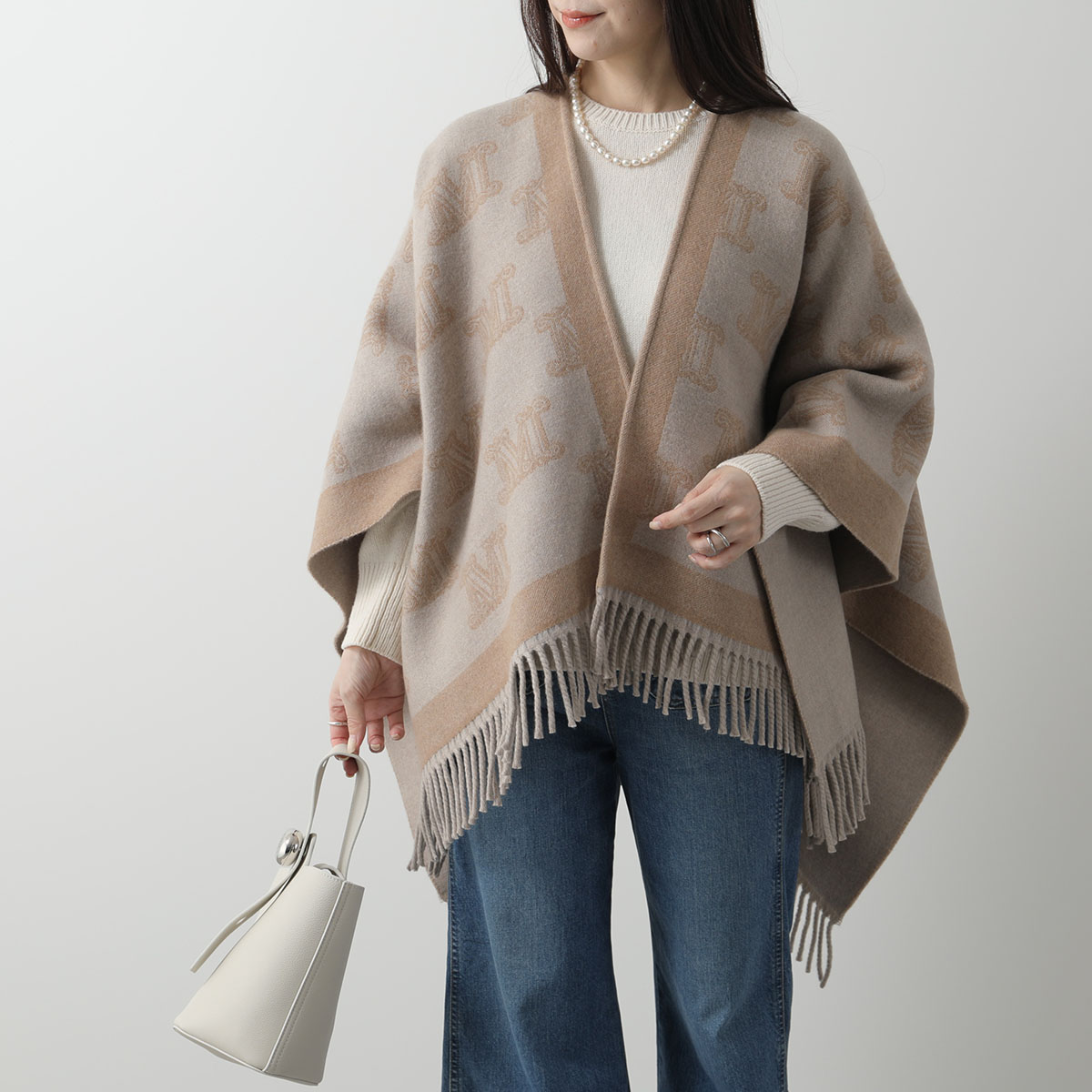 MAX MARA マックスマーラ ケープ FRINE フリンジ レディース ポンチョ ストール ウール ジャガードロゴ フリンジ ピンブローチ付き  カラー5色