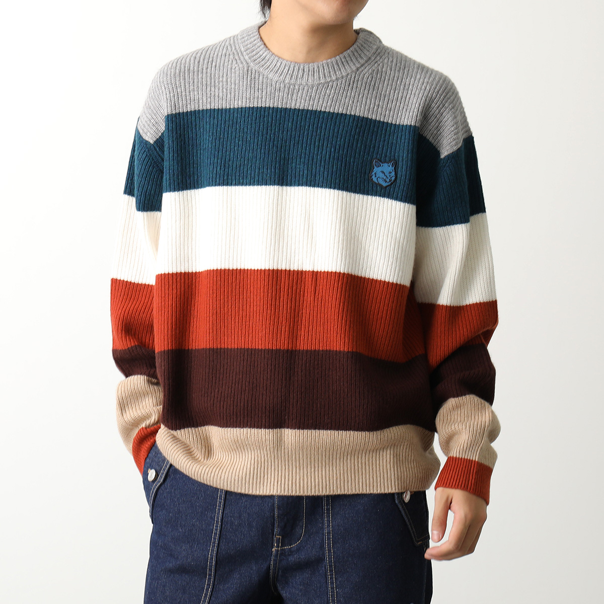 MAISON KITSUNE メゾンキツネ ニット BOLD FOX HEAD PATCH COMFORT RIBBED JUMPER  LM00808KT1093 メンズ マルチボーダー S101