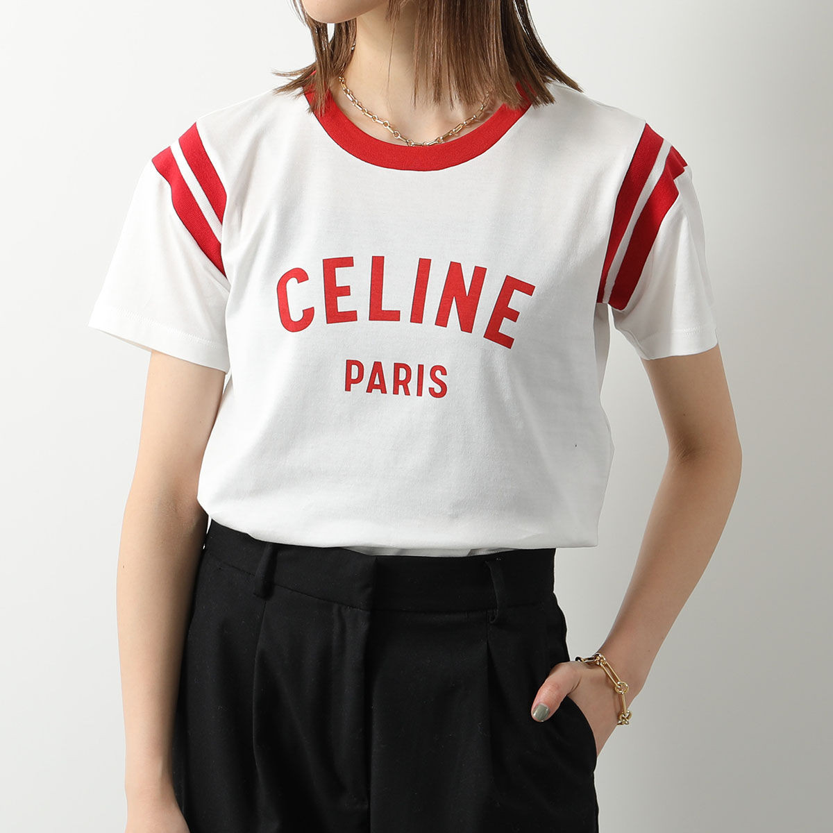 CELINE セリーヌ Tシャツ 2X76G671Q.01PX レディース 半袖 カットソー ロゴT クルーネック コットン ホワイト×レッド