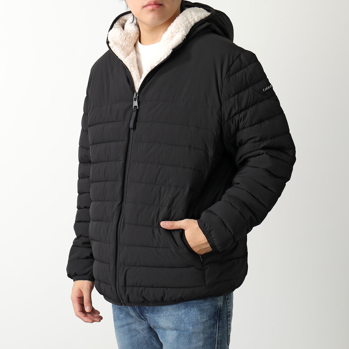 Calvin Klein カルバンクライン 中綿ジャケット SHERPA LINED HOODED STRETCH PUFFER CM155780 メンズ アウター ボア フード ロゴ BLACK｜s-musee｜02