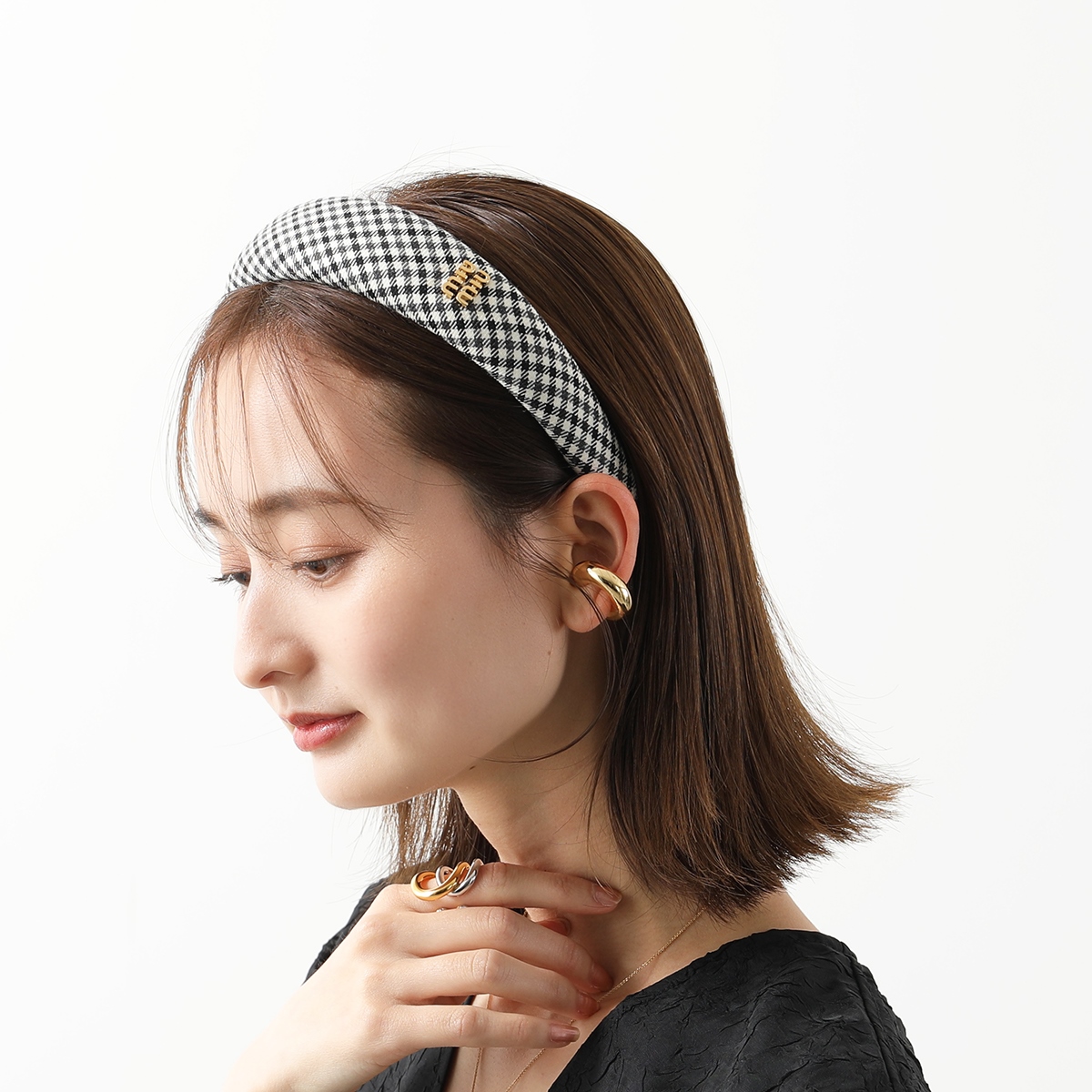 MIUMIU ミュウミュウ カチューシャ 5IH025 2F9H レディース ギンガムチェック ヘッドバンド ロゴ ヘアアクセサリー F0967/NERO+BIANCO｜s-musee｜02