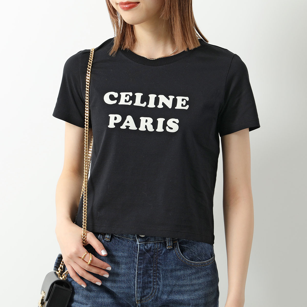 CELINE セリーヌ Tシャツ 2X885671Q.38AW レディース 半袖 カットソー コットン クルーネック ロゴT フロッキープリント  ブラック