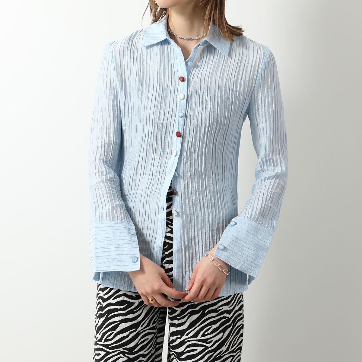 GHOSPELL ゴスペル シャツ Prue Mixed Button Shirt レディース ブラウス 長袖 カラーボタン Tropical-Blue｜s-musee｜02