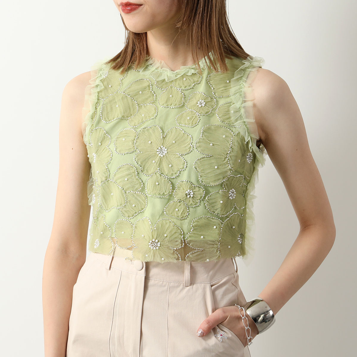 Sister Jane シスタージェーン トップス Harmony Tulle Top TOD094 レディース ノースリーブ ブラウス 花柄  フラワー ビーズ チュール Pickle-Green