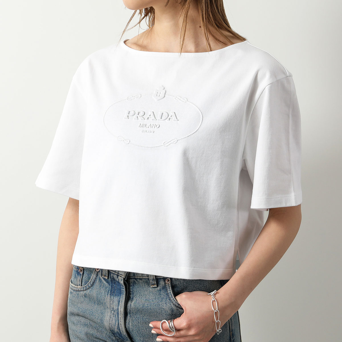 PRADA プラダ 半袖 Tシャツ 3546 B14LQ レディース カットソー ボートネック ロゴ ショート丈 コットン F0009/BIANCO