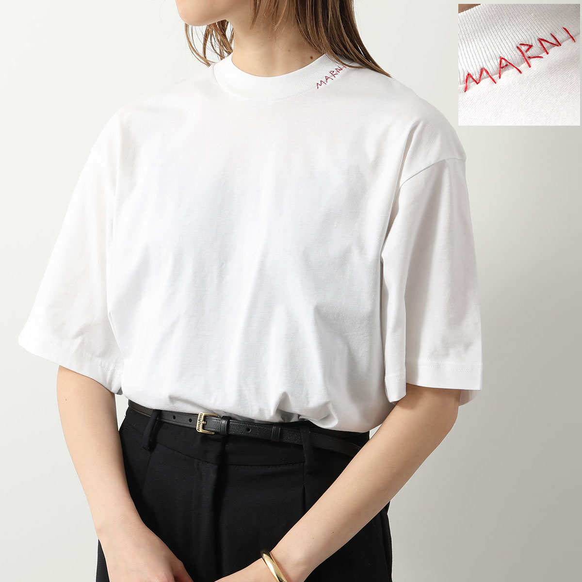 MARNI マルニ Tシャツ HUMU0223X3 UTCZ68 レディース 半袖 クルーネック コットン カットソー ロゴ 刺繍  00W01/LILY-WHITE