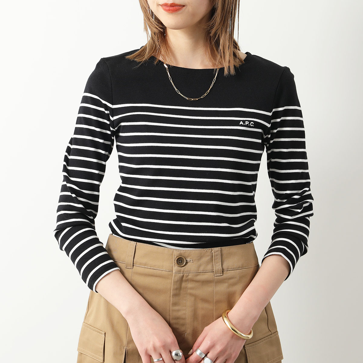 APC A.P.C. アーペーセー Tシャツ TOP THELMA COGWS F26373 レディース 長袖 ロンT カットソー ボーダー ボートネック コットン ロゴ カラー2色｜s-musee｜03