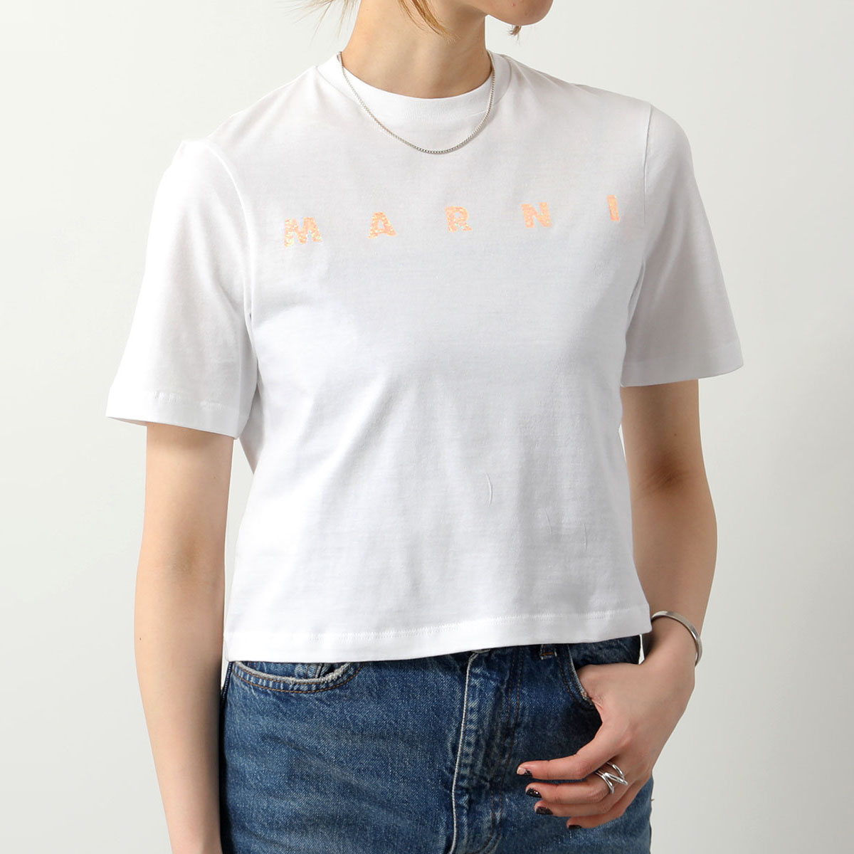 MARNI KIDS マルニ キッズ Tシャツ M01027 M00NE クロップド丈 半袖 カットソー ロゴT ラメロゴ クルーネック コットン  カラー5色