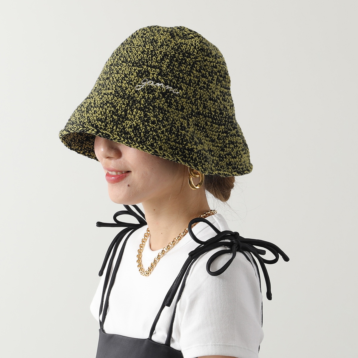 GANNI ガニー バケットハット Cotton Crochet Bucket Hat A5810 A5811 レディース クロシェ ロゴ刺繍 帽子  カラー2色