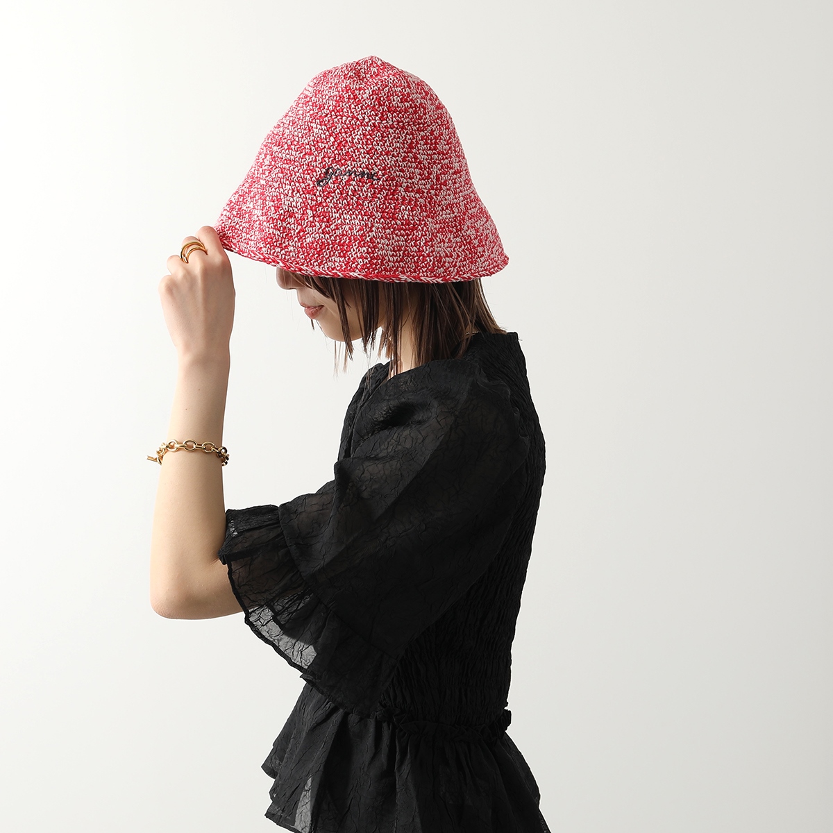 GANNI ガニー バケットハット Cotton Crochet Bucket Hat A5810 A5811 レディース クロシェ ロゴ刺繍 帽子  カラー2色