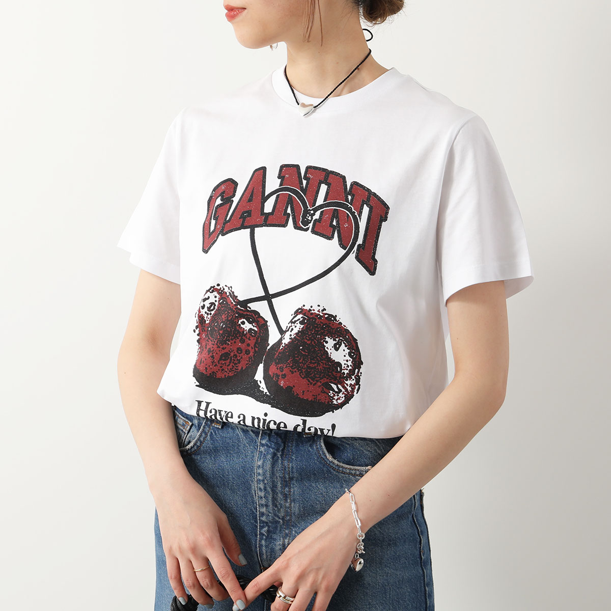 GANNI ガニー 半袖 Tシャツ Basic jersey Lemon Cherry Banana Cats Seahorse Relaxed T-shirt レディース カットソー コットン クルーネック カラー5色｜s-musee｜03