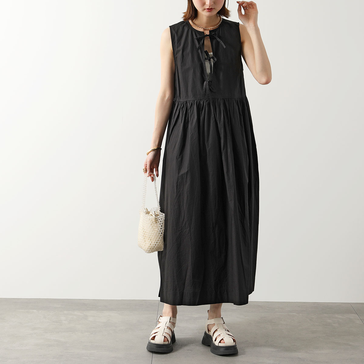 GANNI ガニー ワンピース Cotton Poplin Midi Dress F8453 6479 レディース リボン ノースリーブ ギャザー  コットン ドレス 099/BLACK