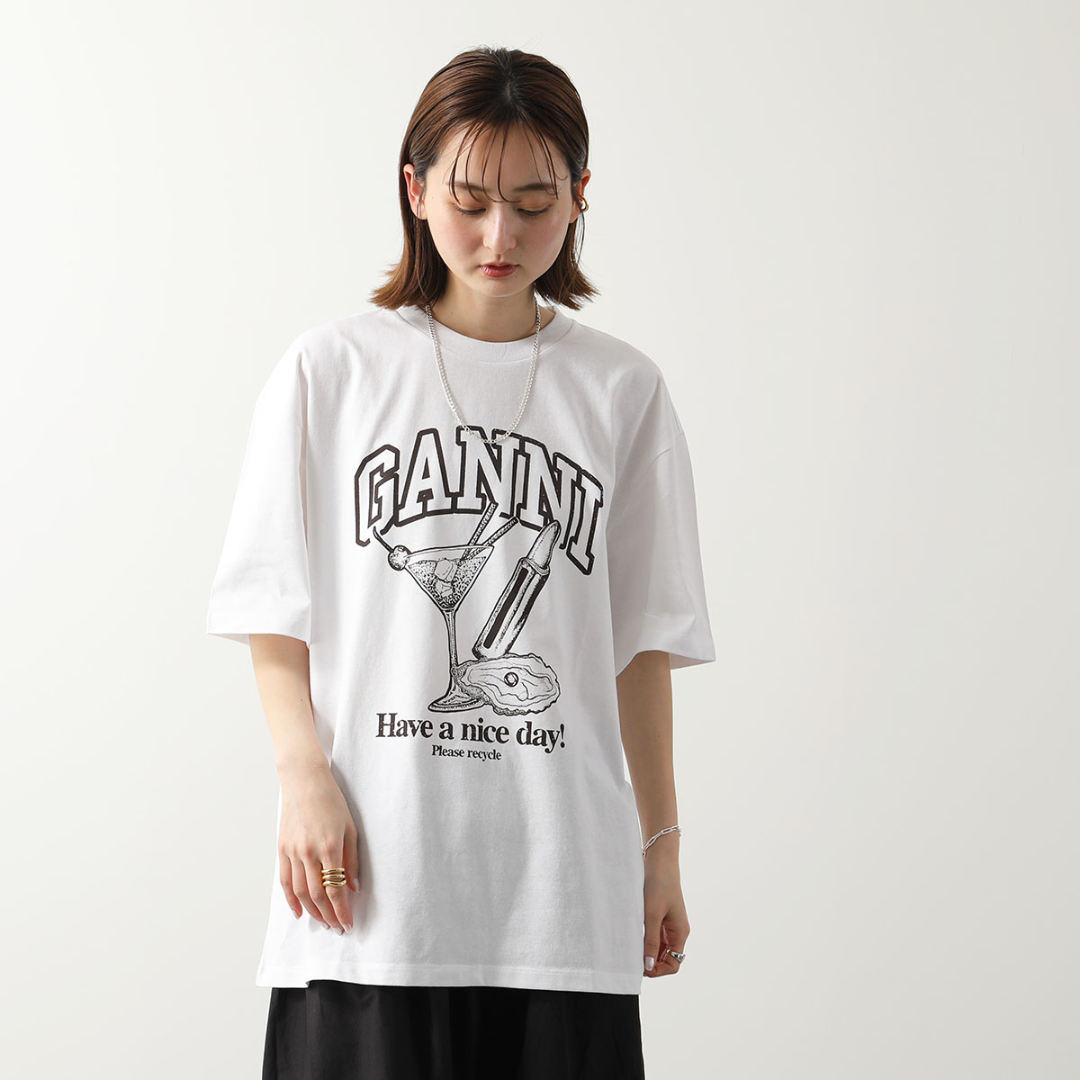 GANNI ガニー 半袖 Tシャツ Future Heavy Cocktail Cherry Drop Shoulder T-shirt T3878 T3879 3649 レディース ロゴ クルーネック カラー2色｜s-musee｜02