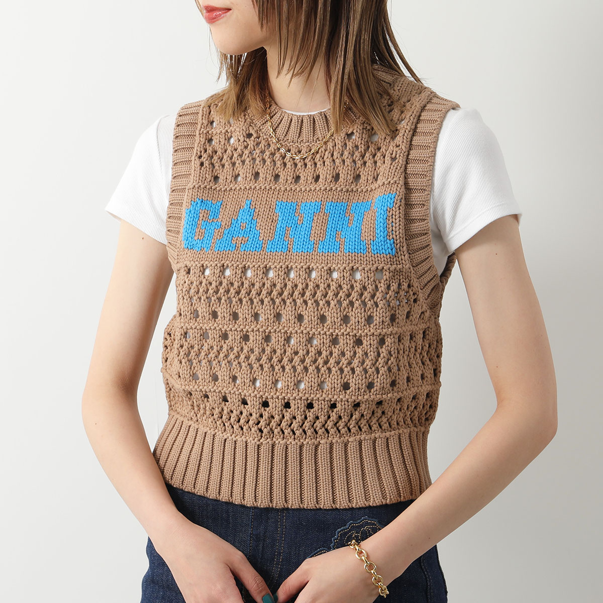 GANNI ガニー ニットベスト Cotton Rope Short Vest K2211 K2166 2589 レディース ロゴ ノースリーブ  プルオーバー クルーネック カラー2色