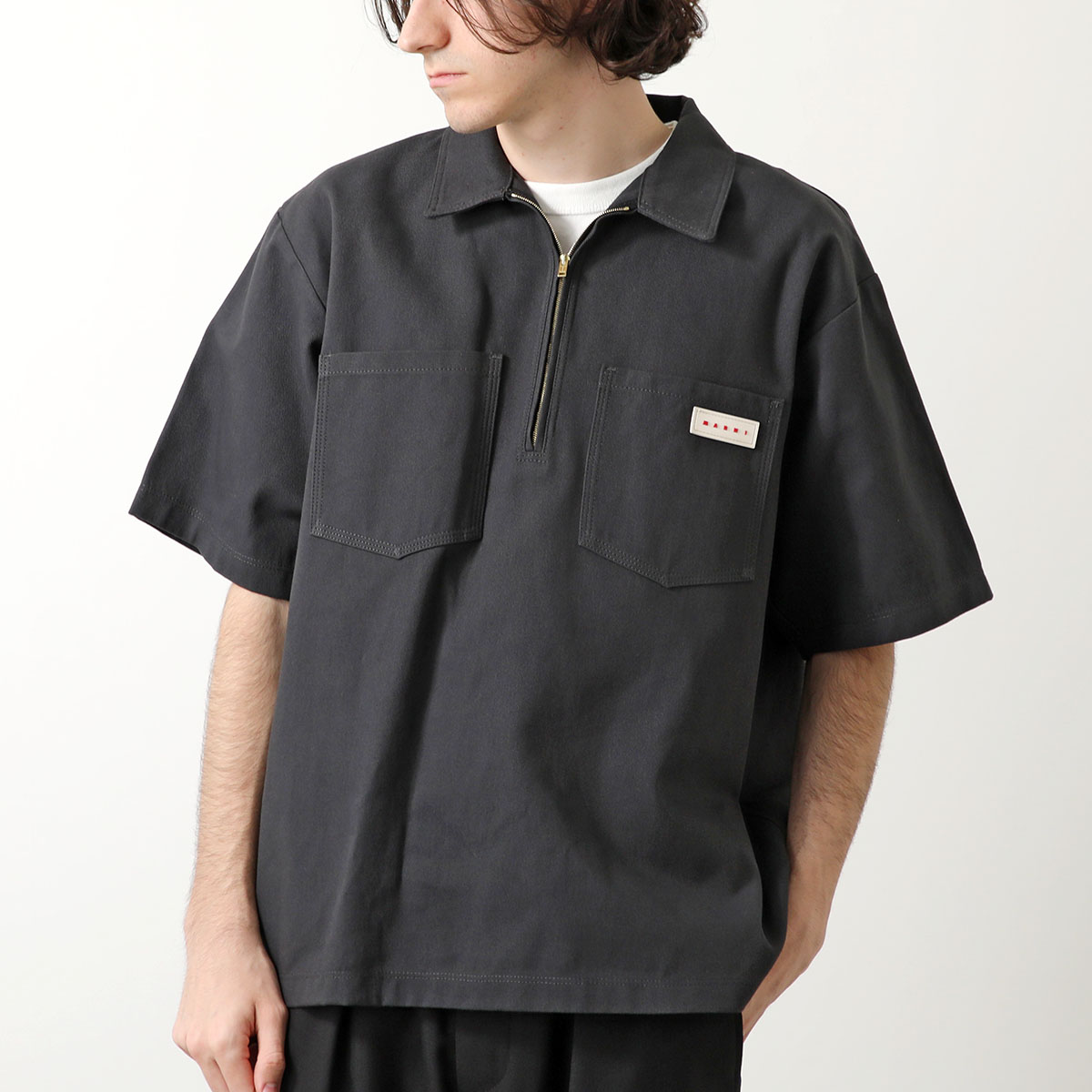 MARNI マルニ 半袖 シャツ JPMU0010AX UTC310 メンズ ワークシャツ ロゴパッチ ハーフジップ 胸ポケット 00N80/GRANITE｜s-musee｜02