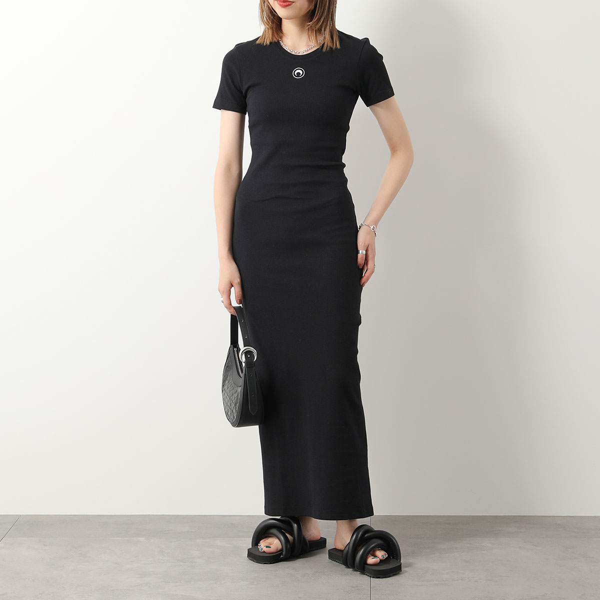 Marine Serre マリーン セル ワンピース Organic Cotton Rib Tube Dress WDR057 CJER0011  レディース 半袖 ロング丈 三日月 モチーフ BK99/BLACK