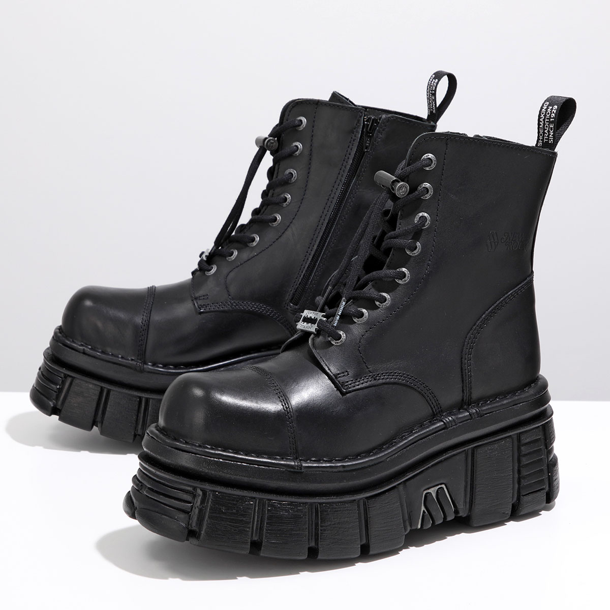 NEW ROCK ニューロック レースアップブーツ M-NEWMILI083-S21 メンズ ショートブーツ レザー 厚底 チャンキーソール ロゴ  シューズ 靴 ブラック