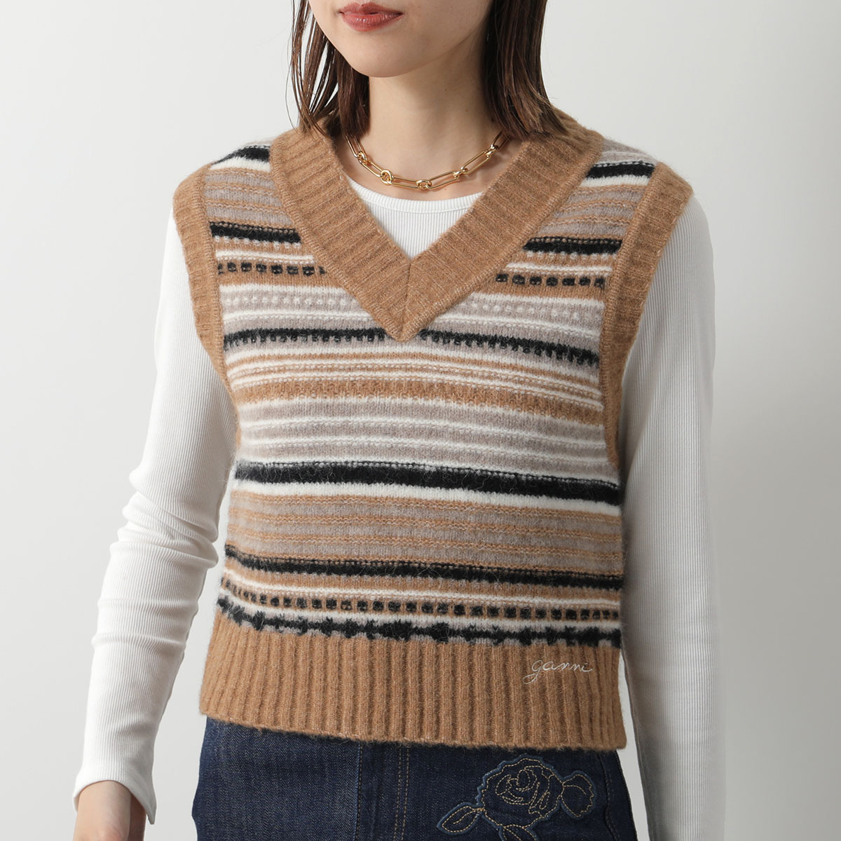 GANNI ガニー ニットベスト Soft Wool Stripe Vest K2236 K2258 2662 レディース Vネック ノースリーブ  ボーダー ストライプ カラー2色