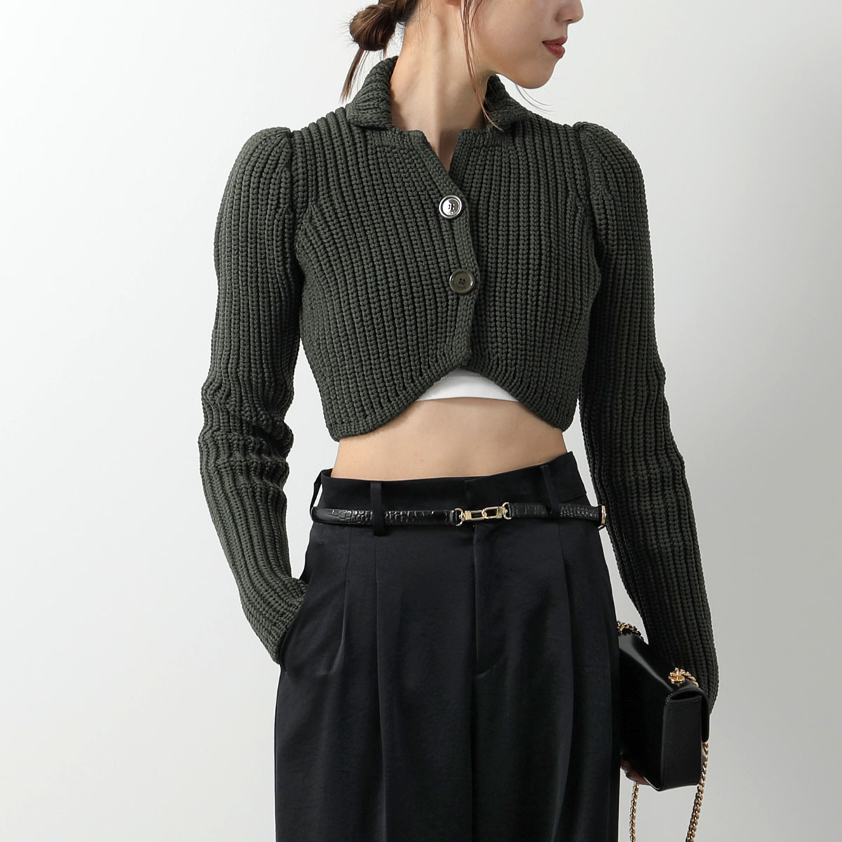 LOEWE ロエベ カーディガン CROPPED JACKE クロップド テクニカルニット S359Y17K93 レディース 長袖 チャンキーニット  ショート丈 4160/KHAKI-GR