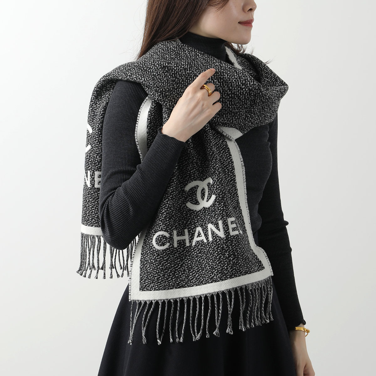 CHANEL シャネル マフラー AAA357 B17743 レディース ウール ニット ココマーク CCロゴ フリンジ ストール NZJ51