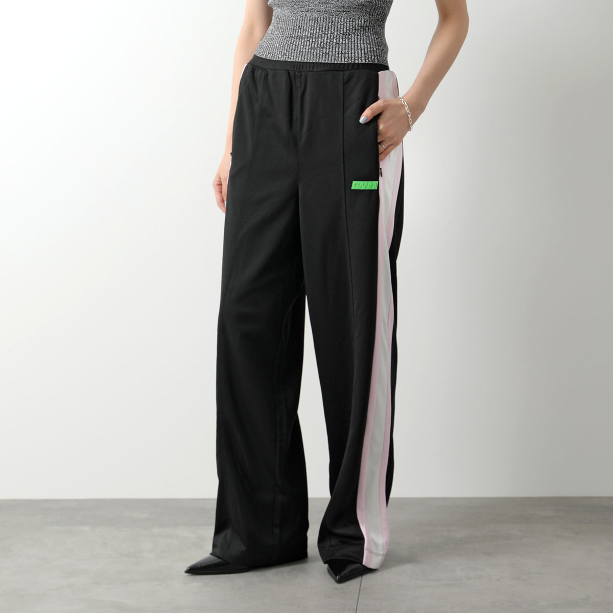 GANNI ガニー ジャージーパンツ Sporty Jersey Straight Leg Pants T3970 3635 レディース ラインパンツ  ロゴ ストレート 099/Black