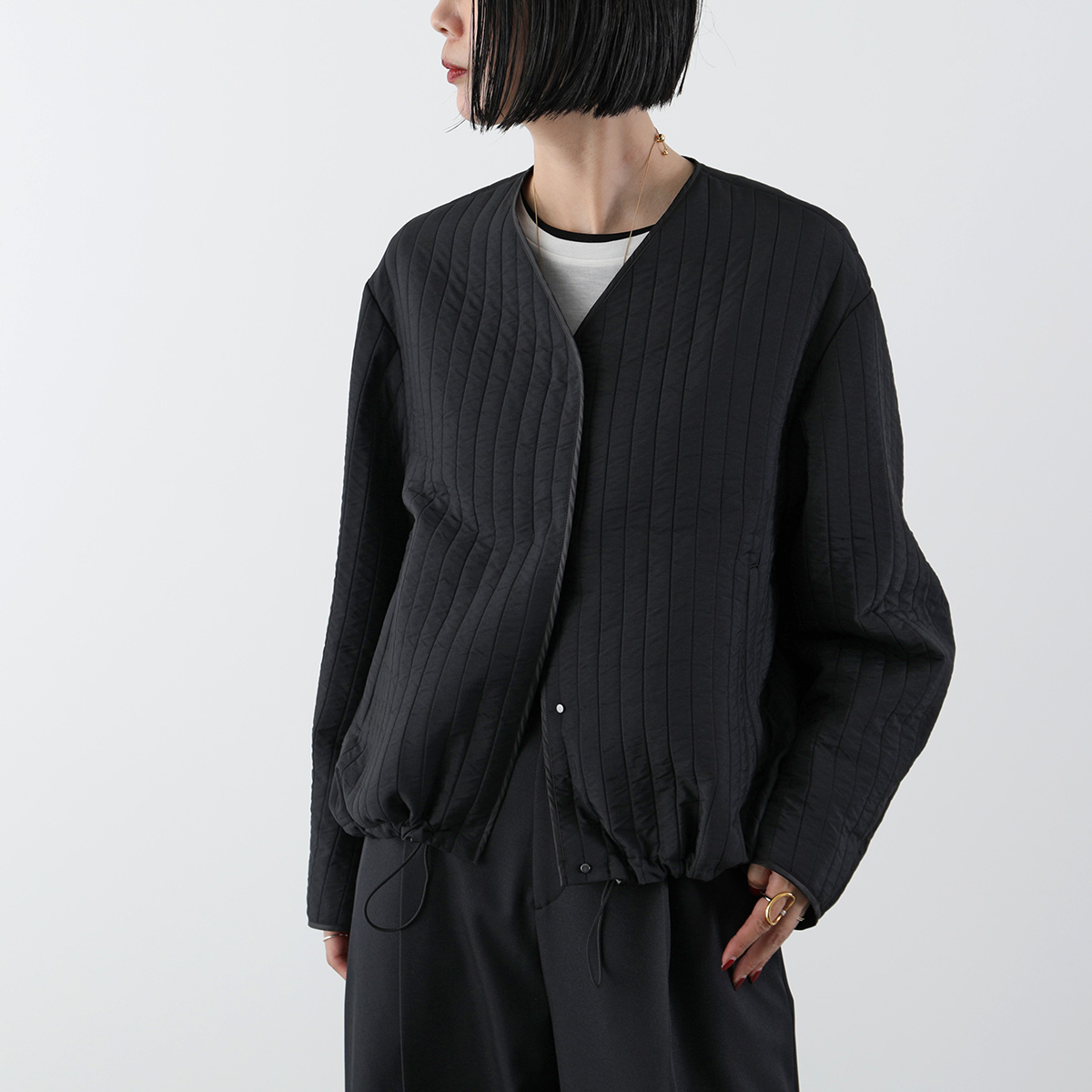 ella-selectshop コンパクトジャガードブルゾン　五分袖　黒 ella_selectshop コンパクトジャガードブルゾン 五分袖 黒