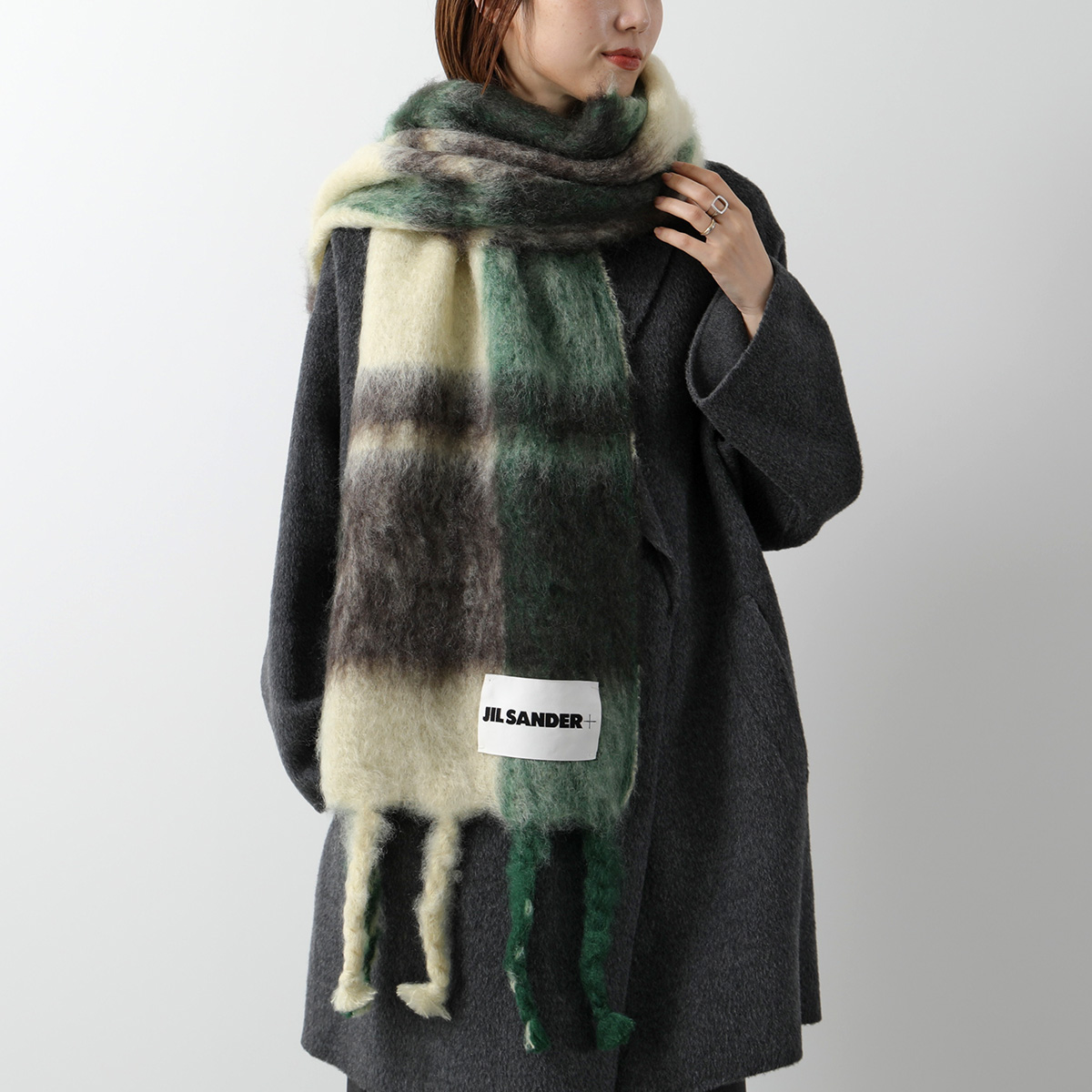 JIL SANDER+ ジルサンダー プラス マフラー J40TE0124 J40041 レディース ロゴラベル チェック柄 フリンジ ウール モヘア  745/LIGHT-YELLOW-BROWN-G レディースファッション