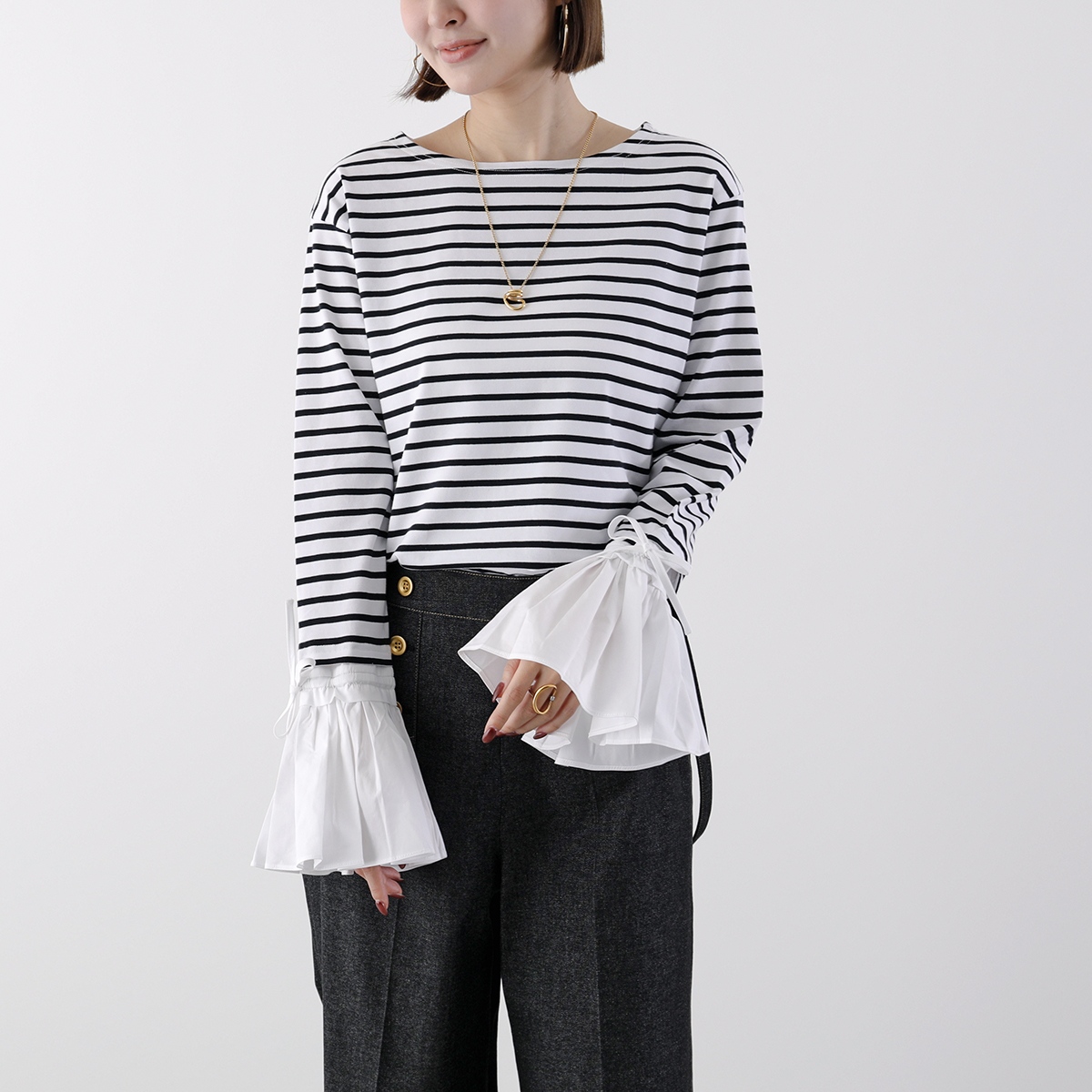 ミュールMewlシャツスリーブボーダープルオーバーA25291 Mewl シャツスリーブボーダープルオーバー（Tシャツ/カットソー