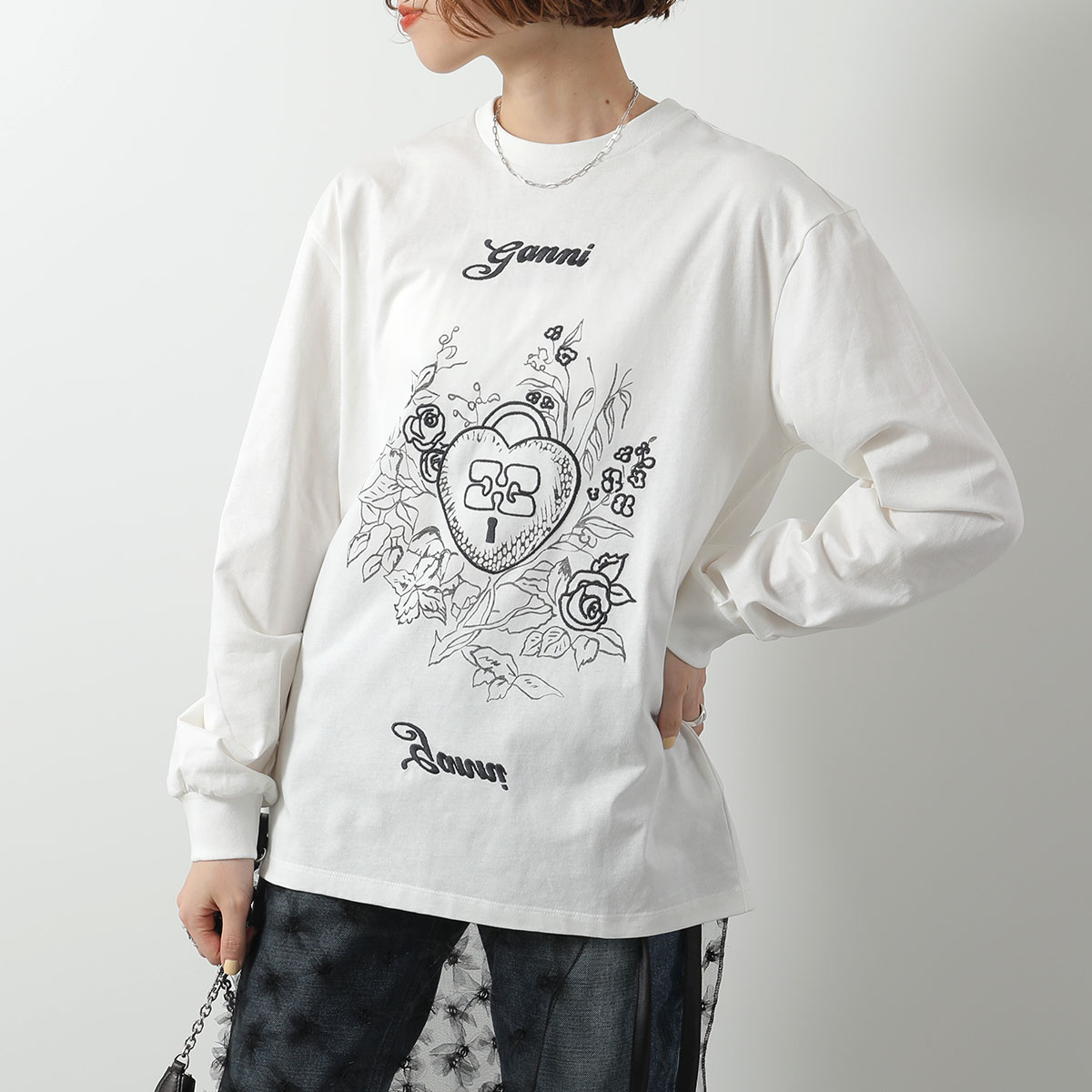 ガニー GANNI シャツ GANNI ガニー 長袖 Tシャツ Re-cut Heavy Jersey Charm Long