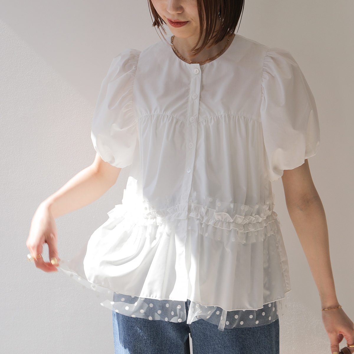 PICCIN ピッチン ブラウス ドットチュールペプラム 906410 レディース シャツ フリル ギャザー ノーカラー 半袖 カラー2色 PICCIN ピッチン ブラウス ドットチュールペプラム 906410