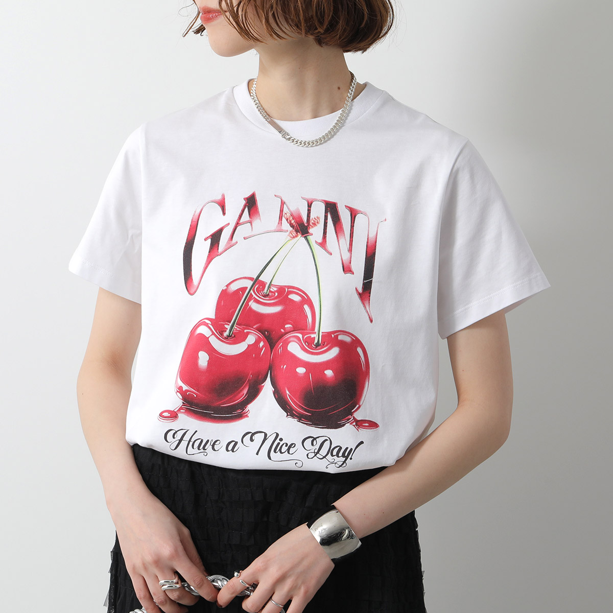 ★早期完売★GANNI★チェリー ロゴ Tシャツ★T4004 151★大人気 GANNI ガニー 半袖 Tシャツ Basic Jersey Cherry Relaxed T
