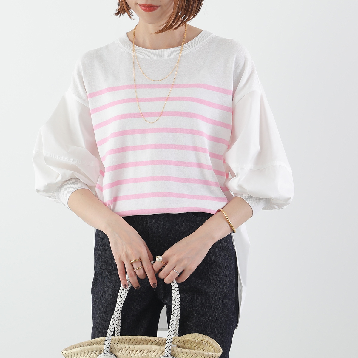 TORRAZZO DONNA トラッゾドンナ ニット ブラウス Border knit×Fabric hybrid tops 6259-551 レディース ボーダー バルーンスリーブ 五分袖 カラー2色 Torrazzo Donna TORRAZZO DONNA トラッゾドンナ ニット ブラウス