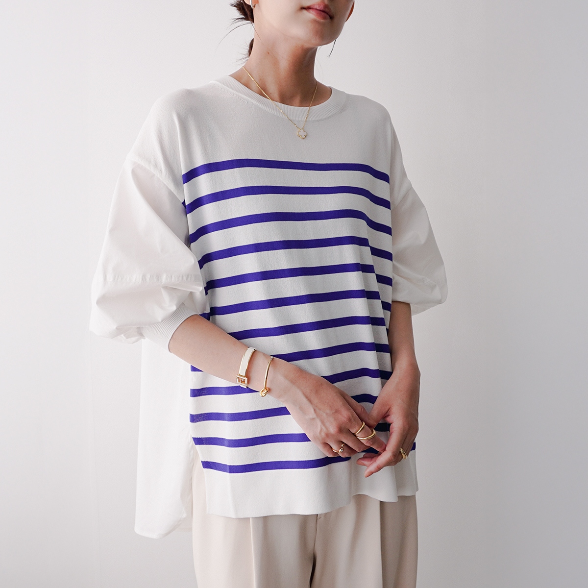 TORRAZZO DONNA トラッゾドンナ ニット ブラウス Border knit×Fabric hybrid tops 6259-551 レディース ボーダー バルーンスリーブ 五分袖 カラー2色 Torrazzo Donna TORRAZZO DONNA トラッゾドンナ ニット ブラウス