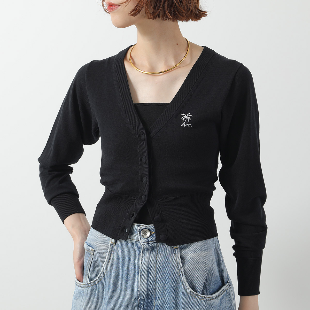 N°21 ヌメロヴェントゥーノ カーディガン A053 9508 レディース ロゴ刺繍 Vネック 長袖 コットン カラー2色の画像