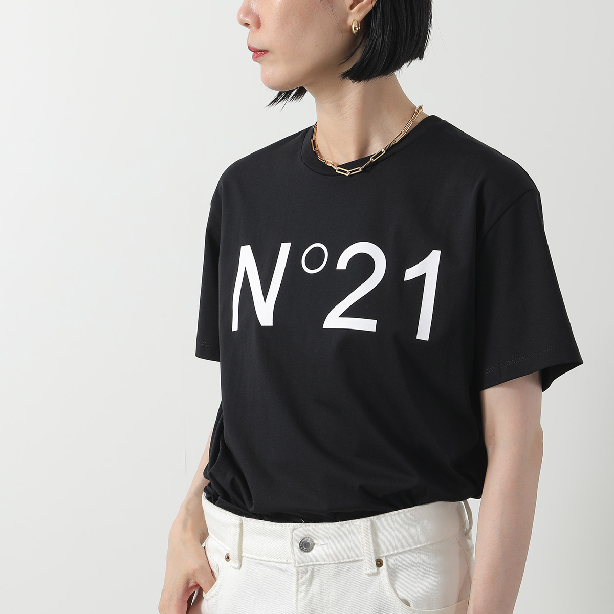 N°21 ヌメロヴェントゥーノ ロゴ刺繍 クルーネックカットソー バイカラー N°21 ヌメロヴェントゥーノ / ロゴ刺繍 クルーネックカットソー バイカラー