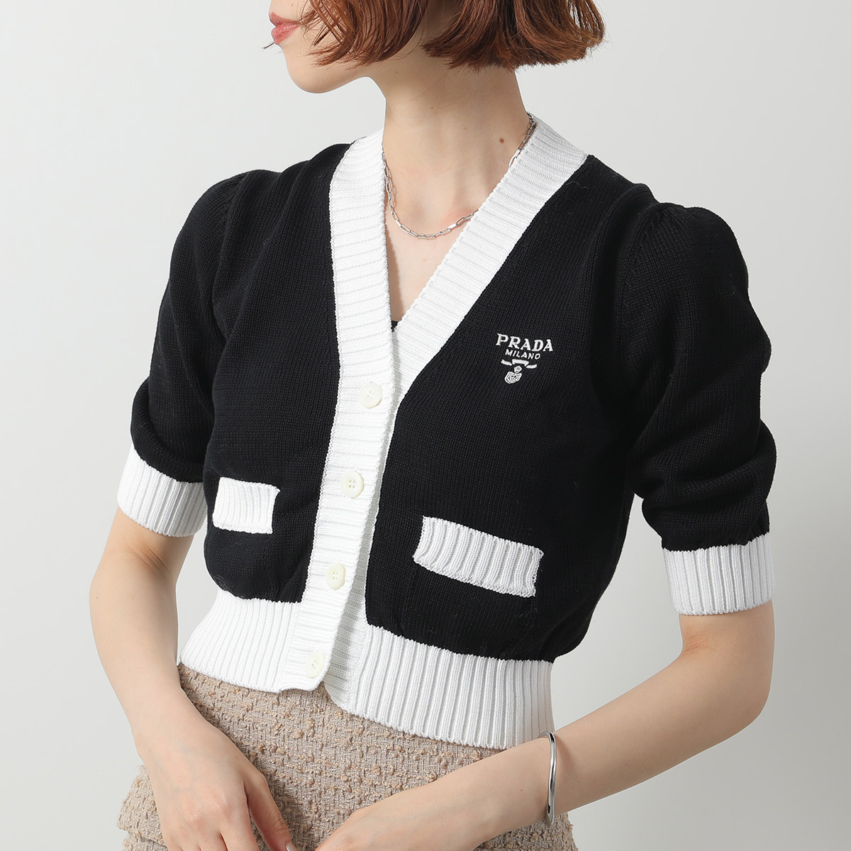 【美品】☆確実正規品☆ PRADA クロップド コットン カーディガン PRADA◇クロップドコットン リブニットカーディガン (PRADA