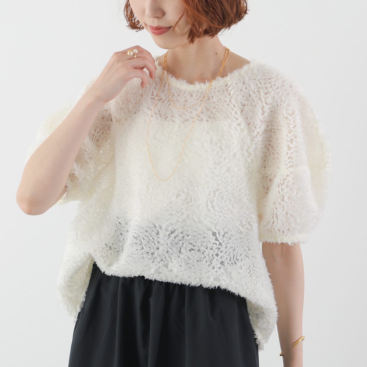 未使用 ヌース ギャザーフリルブラウス 38 アイボリー タグ付 NUS 日本製 ミラクルウェーブギャザーノースリーブブラウス: M-premierBLACK公式