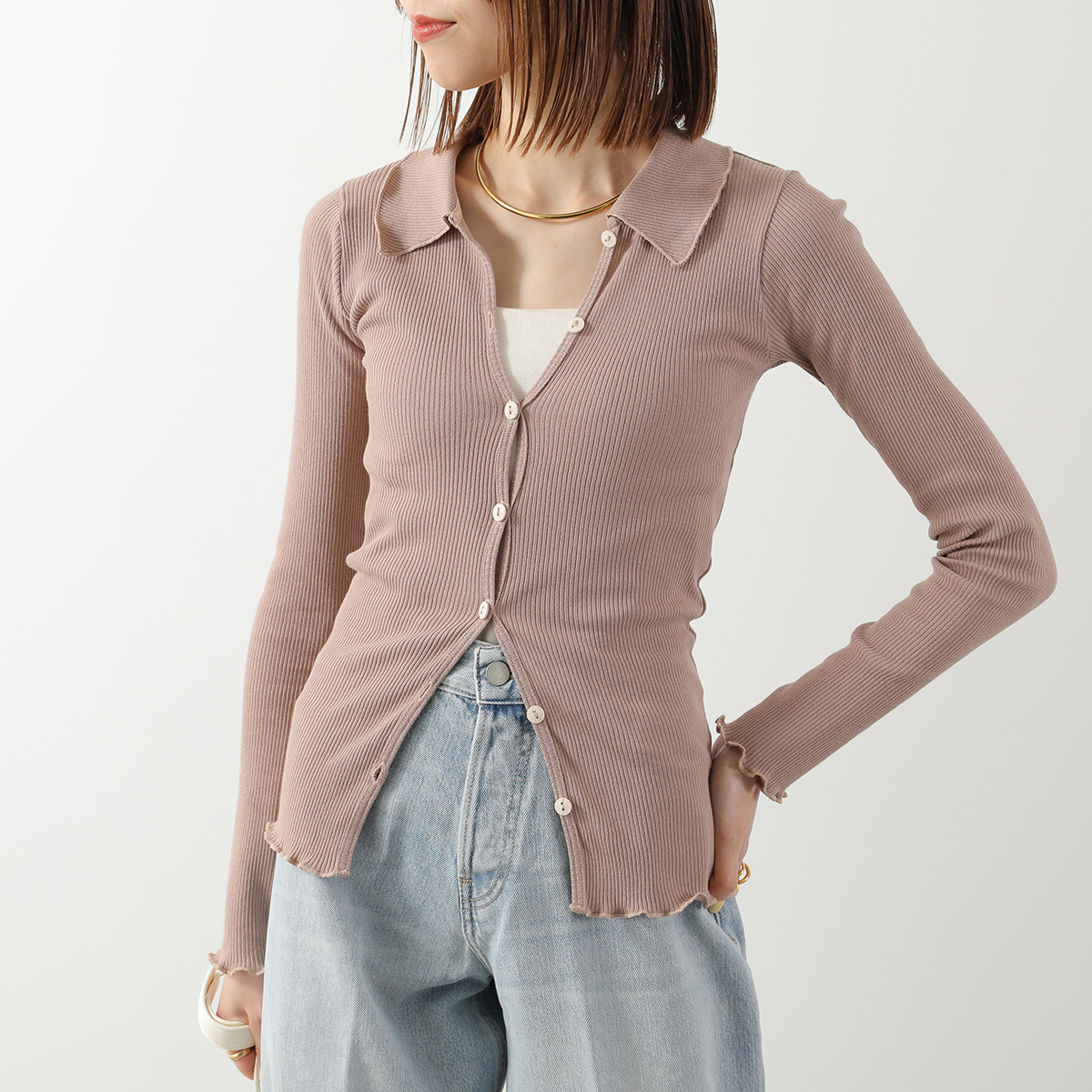 確実正規品★ベースレンジ 新品 リブ ピンクベージュ BASERANGE（ベースレンジ） カーディガン ISO SHIRT TTIS RCR SP26
