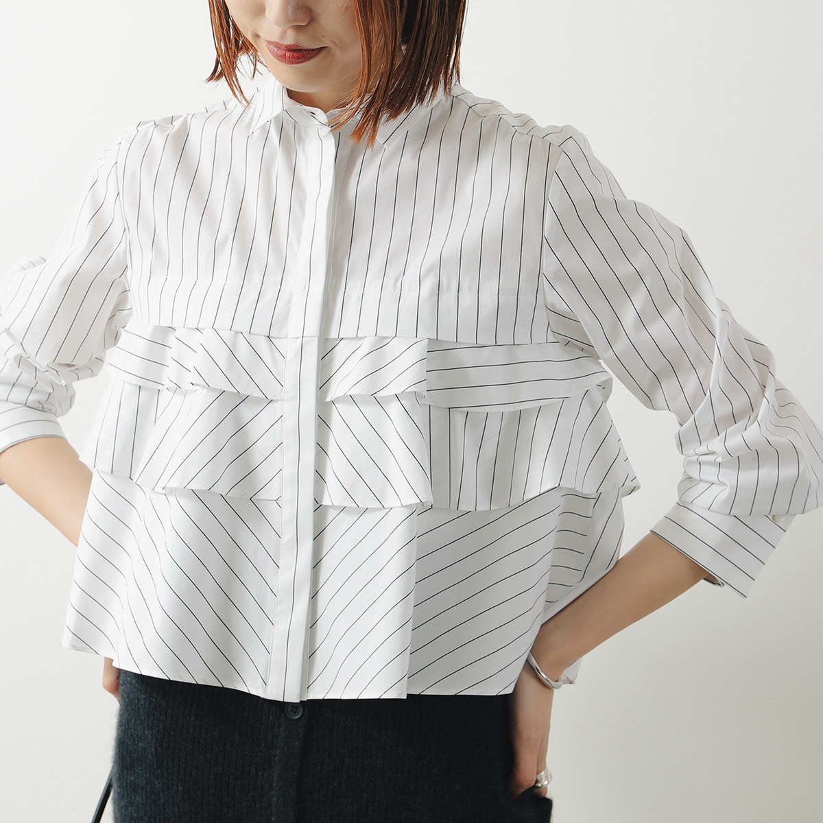美品⭐︎マリリンムーン　フリルストライプ　ブラウス　定価25,300円 MARILYN MOON(マリリンムーン)｜タックフリルストライプブラウス