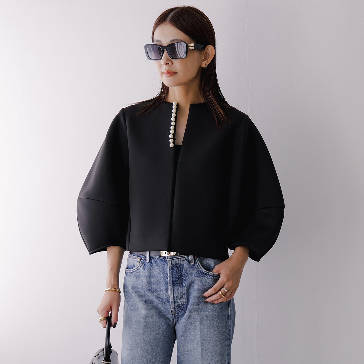 anana アナナ ジャケット a79-027 レディース パール付 ランタンスリーブ ノーカラー ショート丈 セレモニー対応可 カラー2色の画像