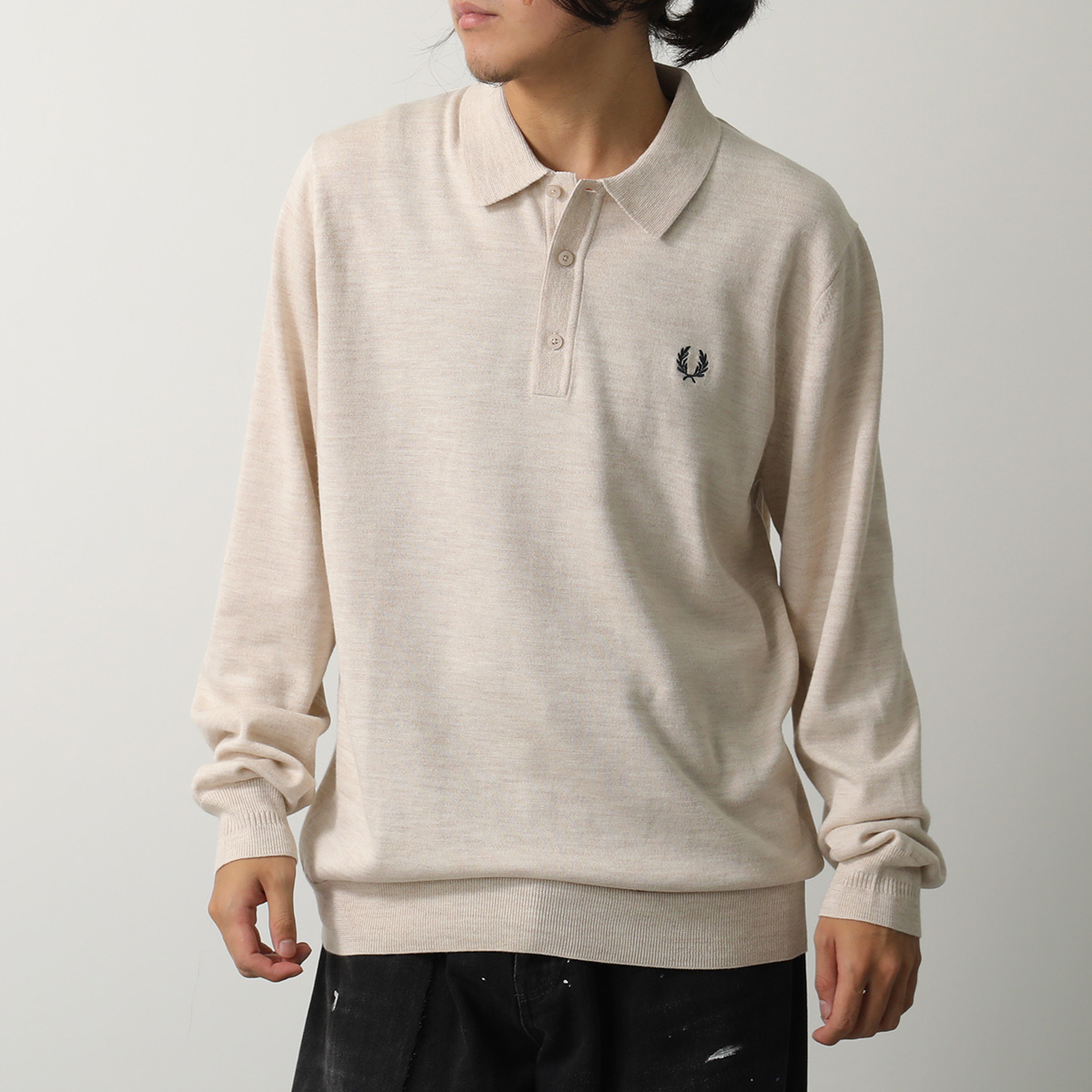 フレッドペリー リブ編みポロニット半袖 クリーム色 FRED PERRY