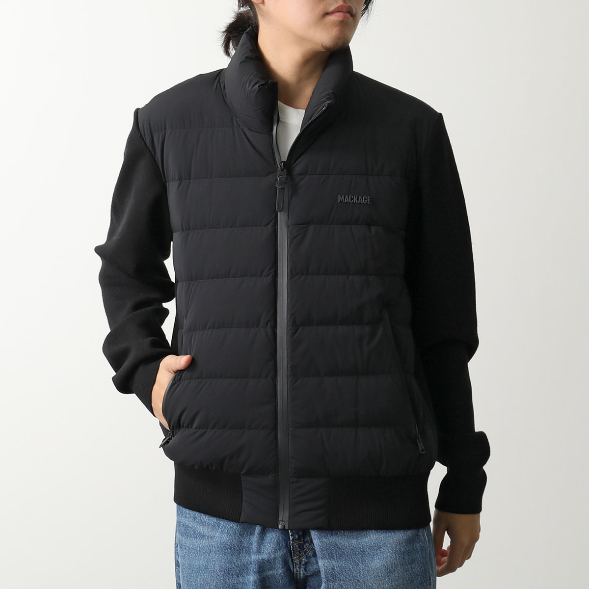 MACKAGE マッカージュ ライトダウンジャケット HANEY-CITYZ メンズ ナイロン ハイブリッド ニット切替 スタンドネック インナーダウン Black | Mackage | 01