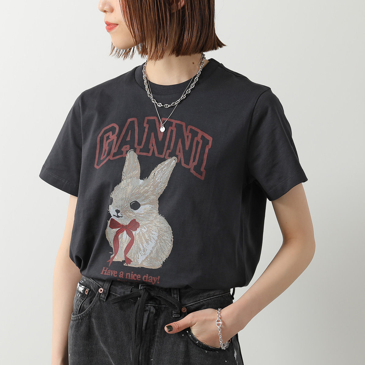 GANNI 半袖Tシャツ 黒 犬プリント GANNI（ガニー） Tシャツ Basic Cotton Jersey T-shirt A1050061