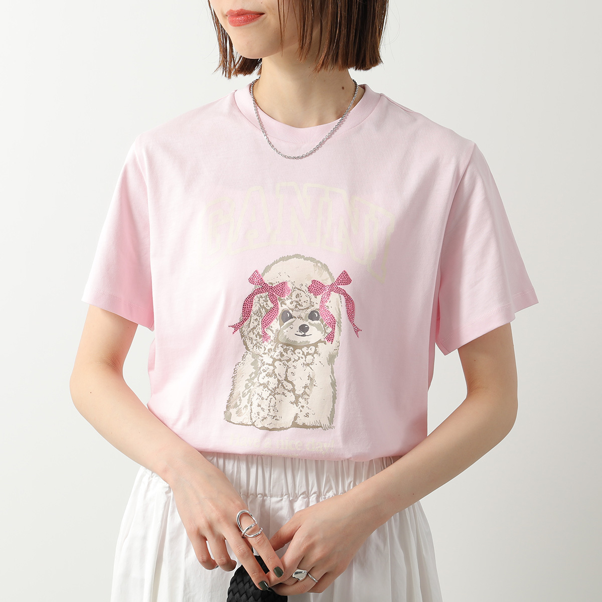 GANNI ピンク Tシャツ 犬のイラスト GANNI / ガニー Basic Cotton Jersey T-shirt（Tシャツ／カットソー