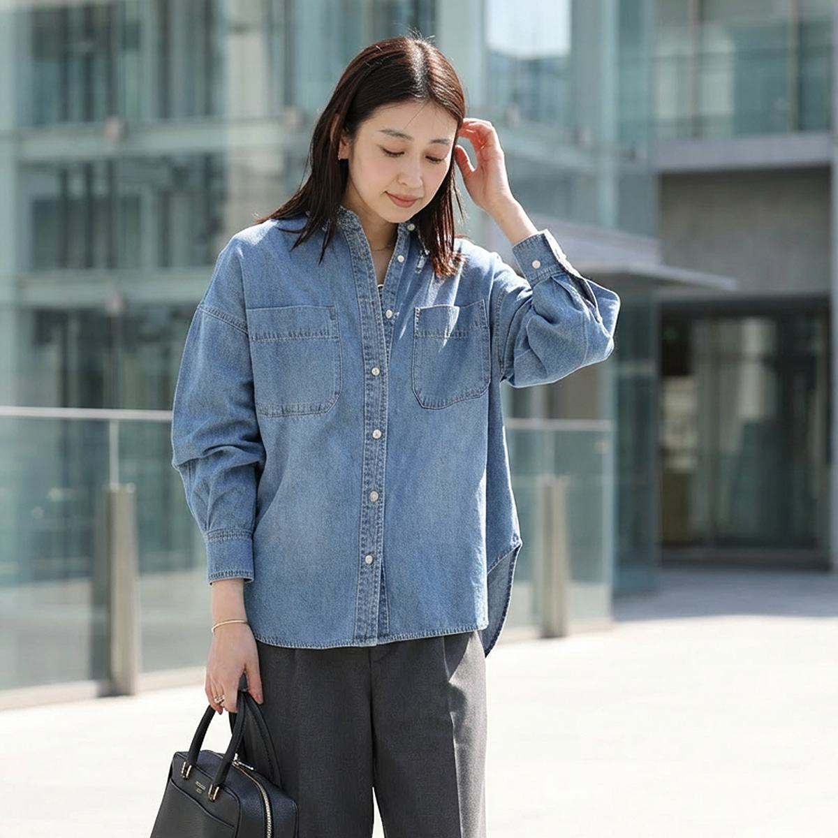 QTUME クチューム デニムシャツ 25005 レディース 長袖 パールボタン