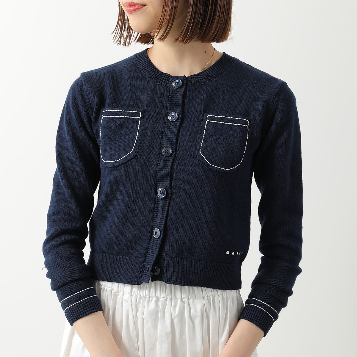 MARNI マルニバックオープンリボンカシミヤニットカーディガン Blue cashmere cardigan with Marni patch | Marni