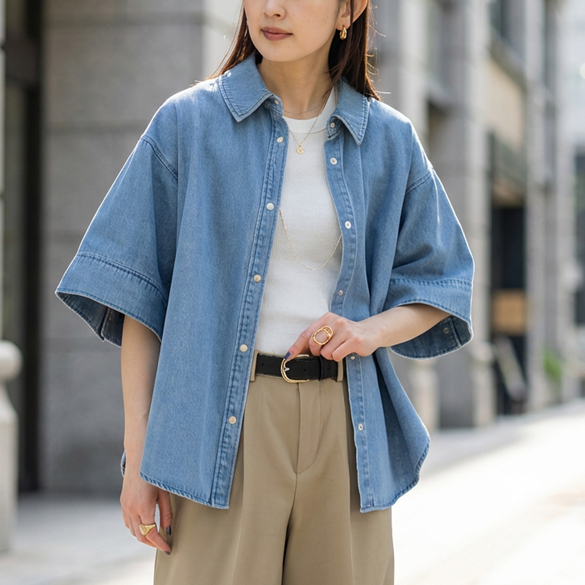 デニム共花ベレー ブルー アジャスター付き HERENCIA（ヘレンチア） デニムシャツ Denim Short Sleeve Blouse