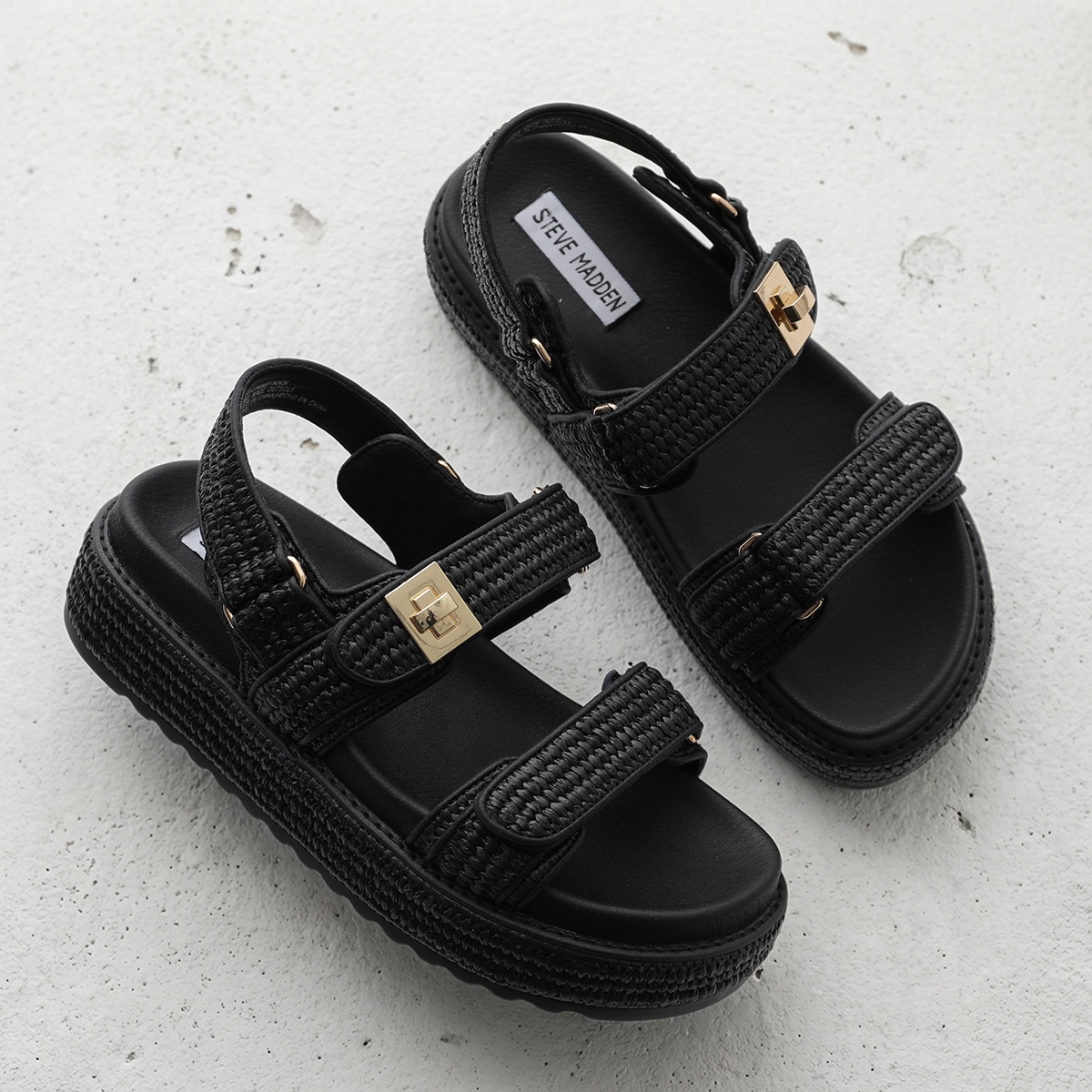 STEVE MADDEN スティーブマデン サンダル BIGMONA レディース ダブルベルト ラフィア プラットフォーム 厚底 シューズ 靴の画像